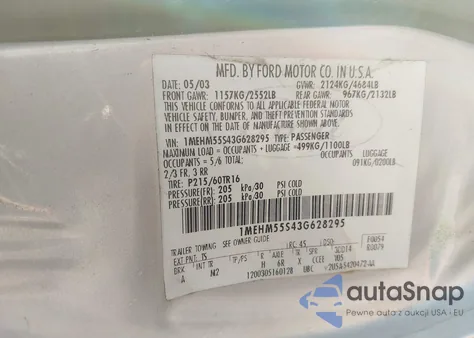 2003 Mercury Sable Ls Premium from USA, damaged, VIN 1MEHM55S43G628295